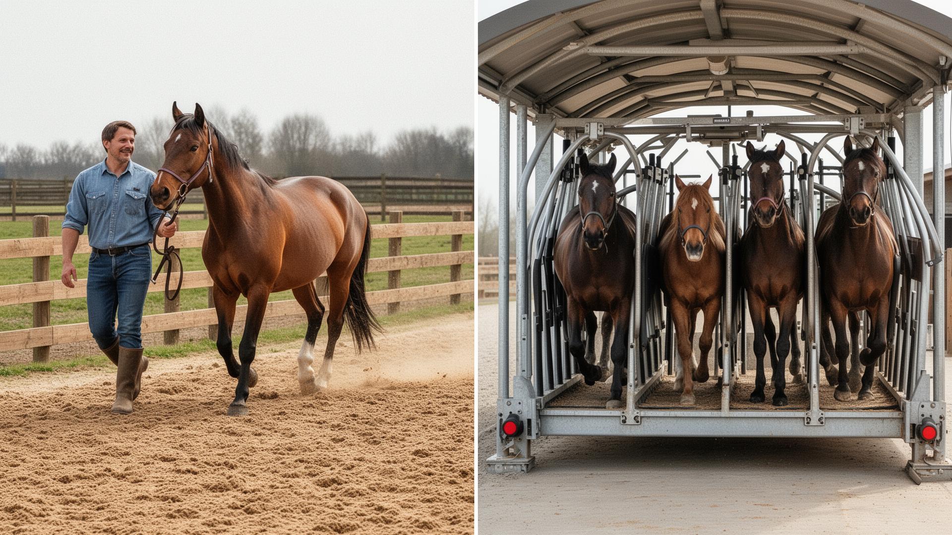 Split-image comparison of a handler walking a horse on a conditioning track and multiple horses on a eurowalker.