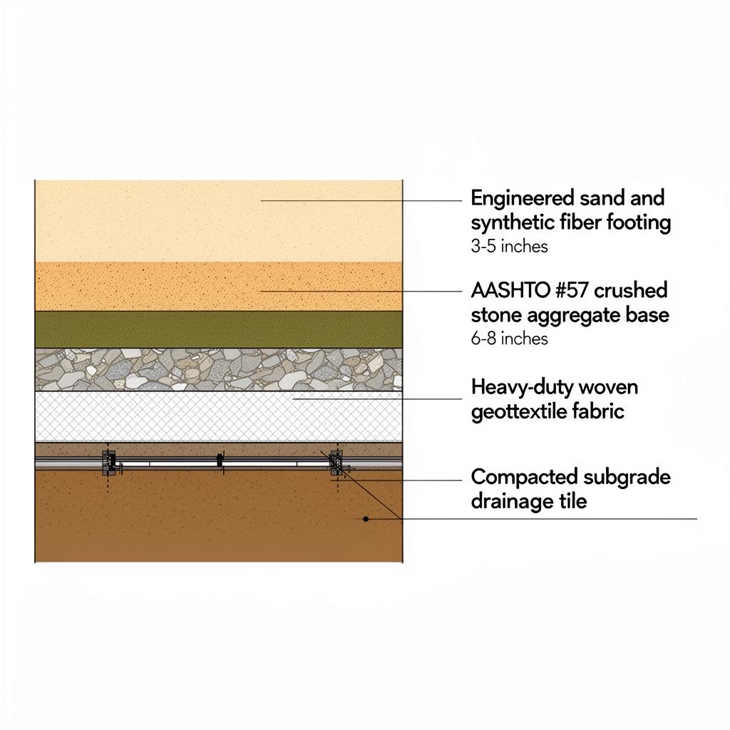 Cross-section diagram of eurowalker base construction showing subgrade, geotextile, aggregate, and footing layers.