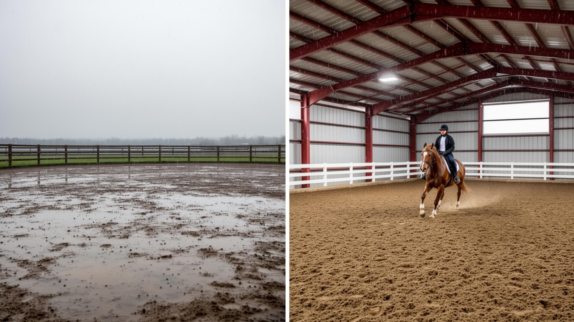Split-image comparison of empty muddy outdoor arena in rain and red steel covered arena with rider working during the same weather.